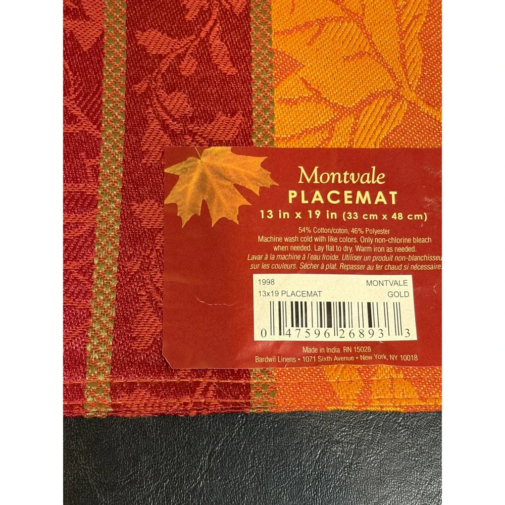 Bardwil Linens Montvale Placemats Set of 2 Fall Autumn Leaf Gold Red 13x19 NEW